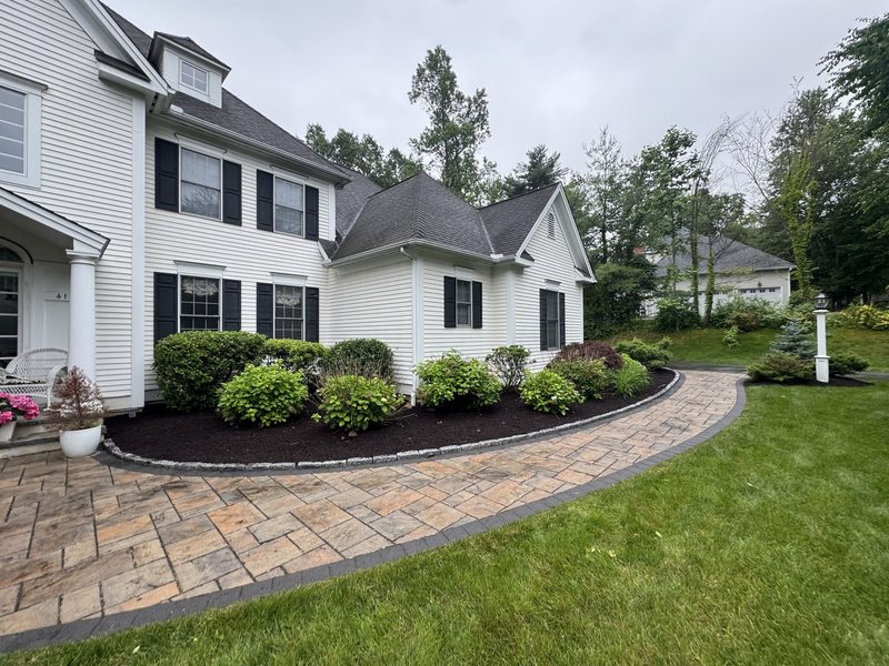 Well-maintained home with neatly trimmed shrubs and brick driveway
